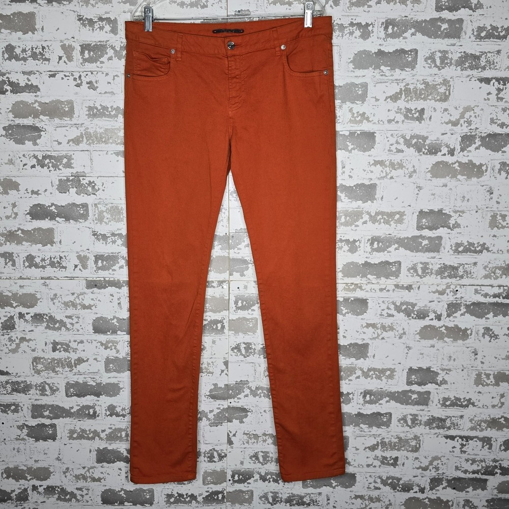 Lacoste Jeans Womens 33 Orange Stretch Denim Leather Patch Slim Fit Straight Leg